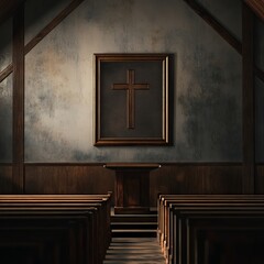 Poster - Peaceful church interior featuring wooden pews and a framed cross, creating a serene and contemplative atmosphere.