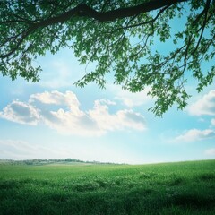 Wall Mural - A large tree with a branch extending over a field of grass. The sky is clear and blue with a few clouds