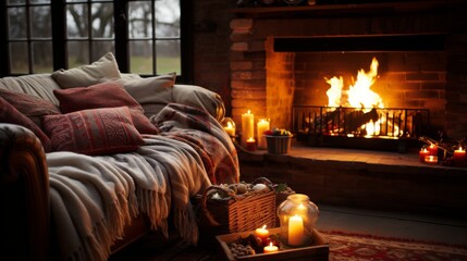 Wall Mural - A cozy living room with a fireplace and a couch covered in a blanket. The room is lit by candles and the fire is crackling