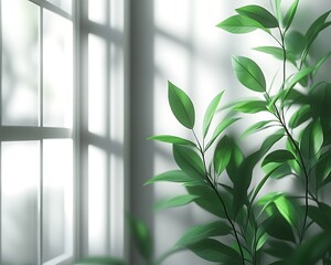 Sunlit green plant by window.