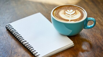 Wall Mural - a blue coffee cup with a heart design sits on a table next to a spiral notebook. the notebook is emp