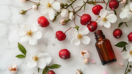 Wall Mural - artistic arrangement of rosehip seeds, their oil, and blooming roses on a white marble surface