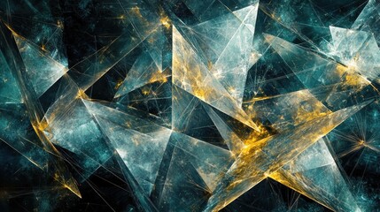 Wall Mural - Abstract teal and gold geometric shapes, crystalline structure, fractal art.