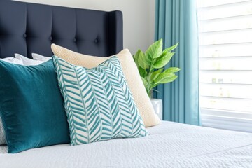 Wall Mural - Trendy bedroom design showcasing a navy headboard with teal bedding and light blue curtains for a cozy and elegant atmosphere