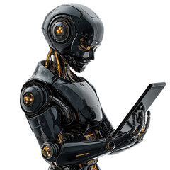 Black robot using tablet isolated on transparent or white background