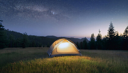 camping tent at the bottom of the image in front of a green forest at dusk at the top of the image, 