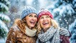 © AnastasiaStark - Happy Couple of Women in Winter Clothing with Snowflakes Falling Around Them, Set Against a Snowy Winter Landscape, Celebrating the Joyful Atmosphere of Winter Holidays