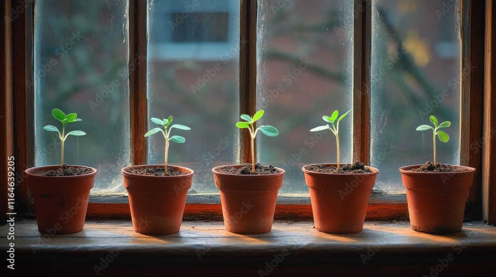 Five Young Plants Growing in Terracotta Pots on a Windowsill Stock ...
