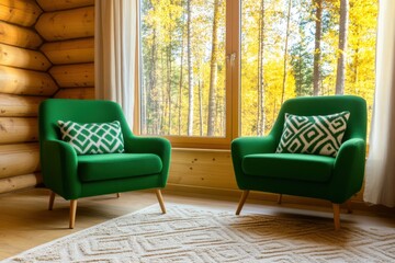 Wall Mural - Cozy and inviting cabin interior featuring vintage decor and green armchairs with a light beige rug and a serene view of nature through large windows