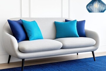 Wall Mural - Chic lounge area featuring modern decor with gray sofa, turquoise cushions, and navy blue rug for a stylish ambiance perfect for relaxation