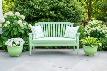 Wall Mural - Elegant outdoor patio adorned with mint green furniture and lush greenery under soft evening light