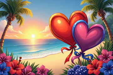 A vibrant beach scene at sunset, featuring two heart-shaped balloons amidst palm trees and hibiscus flowers, with a warm orange and blue sky.