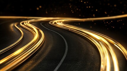 Wall Mural - golden light trails on a dark asphalt road with glowing particles. abstract dynamic background. moti