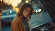 © Barosanu - A young woman stands by her car with a raised hood, looking concerned in the evening lights of a busy street, reflecting both frustration and hope for assistance.