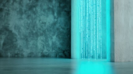 Digital matrix-style neon blue light falling in an industrial room with concrete walls. Futuristic concept