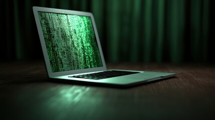 Open laptop with green code on screen in a dark environment. Cybersecurity and programming concept