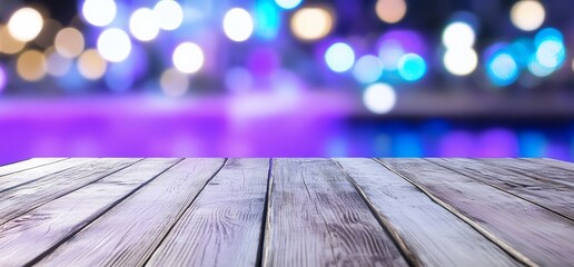 Poster - A wooden table in front of a blurred colorful background.