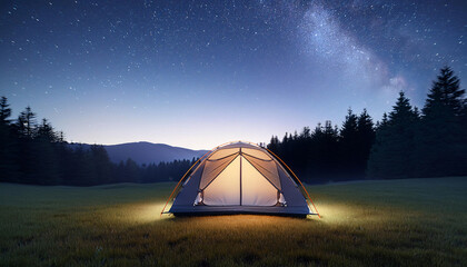 camping tent at the bottom of the image in front of a green forest at dusk at the top of the image, 