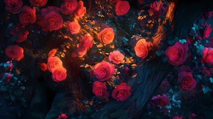 Wall Mural - A hidden, fluorescent rose garden thrives in the heart of a mystical, ancient tree, its blossoms whispering secrets to the wind. Auroral. Illustration