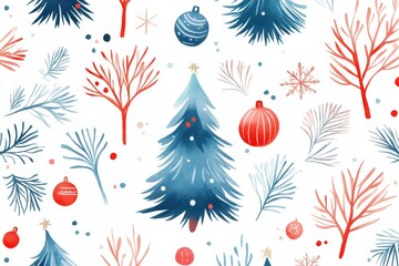 Wall Mural - A red and white bag sits in the middle of a festive and cheerful pattern, which features red and blue Christmas trees scattered throughout.