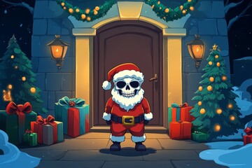 Wall Mural - Standing in front of a Christmas tree, a skeleton in a Santa costume creates a dark and eerie scene, exuding a sense of foreboding.