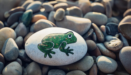 Wall Mural - A painted rock featuring a green frog design sits among smooth gray and brown beach pebbles.