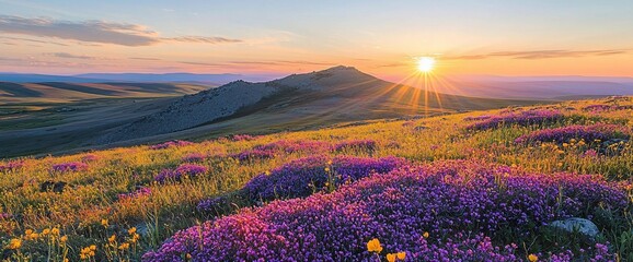 Poster - Sunset over blooming wildflowers on a mountain meadow.