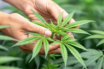 Wall Mural - Close-up of hands holding a lush green cannabis plant in natural light