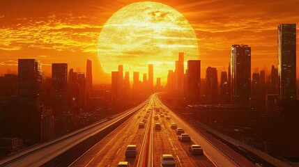 Wall Mural - Futuristic City Highway Sunset With Digital Sun