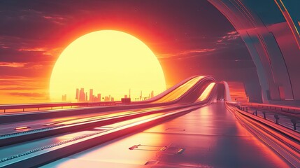 Wall Mural - futuristic highway leading to a city at sunset