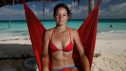 Young caucasian female relaxing on tropical beach in red bikini