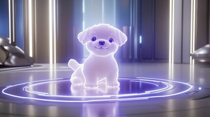 Wall Mural - Glowing digital puppy on futuristic floor.