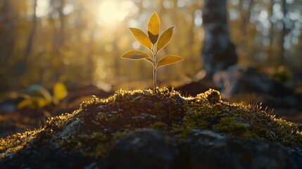 Poster - Sunrise illuminates a young sprout emerging from mossy soil in a forest.