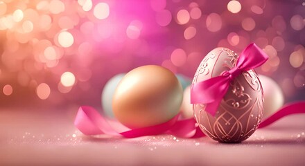 Wall Mural - A beautifully decorated Easter egg with a pink ribbon against a shimmering bokeh lit backdrop 4K