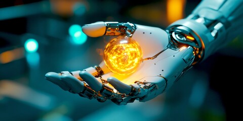 Wall Mural - A futuristic robotic hand holds a glowing sphere of energy. This image showcases advanced technology and innovation. It reflects creativity and modern design. A perfect blend of science and art. AI