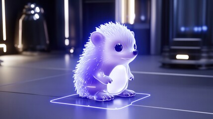 Cute glowing hedgehog robot in futuristic setting.
