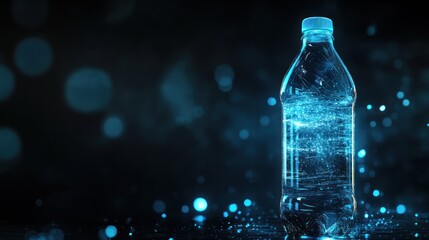 Wall Mural - Glowing water bottle on dark background.