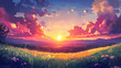 © Thiago - Beautiful landscape background. cartoon summer sunrise with clouds, field, mountain and sunshine. anime style. Sunrise. Illustration