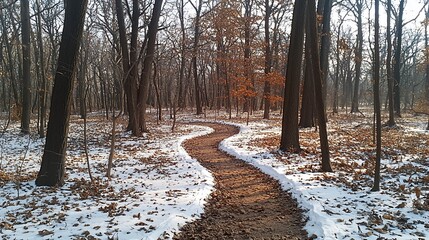 Poster - Winding path through snow-covered winter forest.