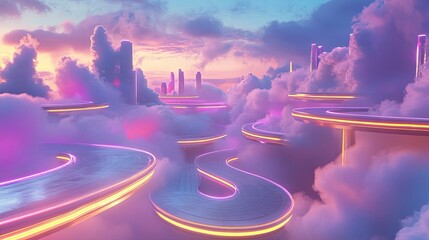 Wall Mural - Futuristic Cityscape Above Clouds Neon Pathways