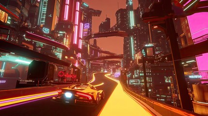 Wall Mural - Futuristic Cityscape Night Driving Scene Showing Neon Lights and a Sports Car