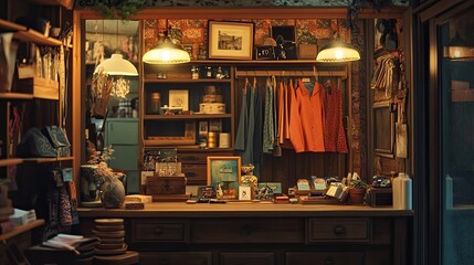 Cozy vintage shop interior with wooden shelves, clothing, and various items on display.