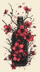 Poster - An Artistic Composition Featuring a Central Glass Bottle Adorned with Vibrant Red Flowers and Intricate Black Branches Set Against a Neutral Background