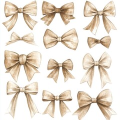 Sticker - Fashionable set of sepia and beige coquette ribbon bows. Watercolor illustration, hand-drawn and isolated on white, with soft pastel tones. Great for wedding invitations, party decorations, and