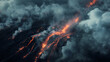 © Thiago - Aerial view of an erupting volcano with flowing lava and smoke against a dramatic sky. Ashfall. Illustration