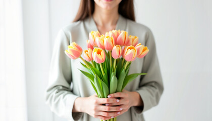 Wall Mural - Woman holding bouquet of pink tulips against light background