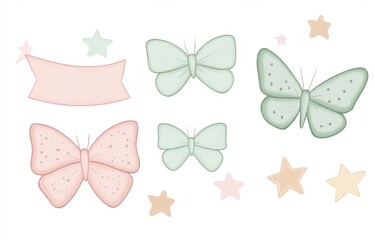 Canvas Print - Butterfly compilation. Cheerful clipart set. Baby shower design features. Party and birthday invitations. Summer and spring motifs. Sparkles and glitter. Modern soft pink vintage bows. Girly