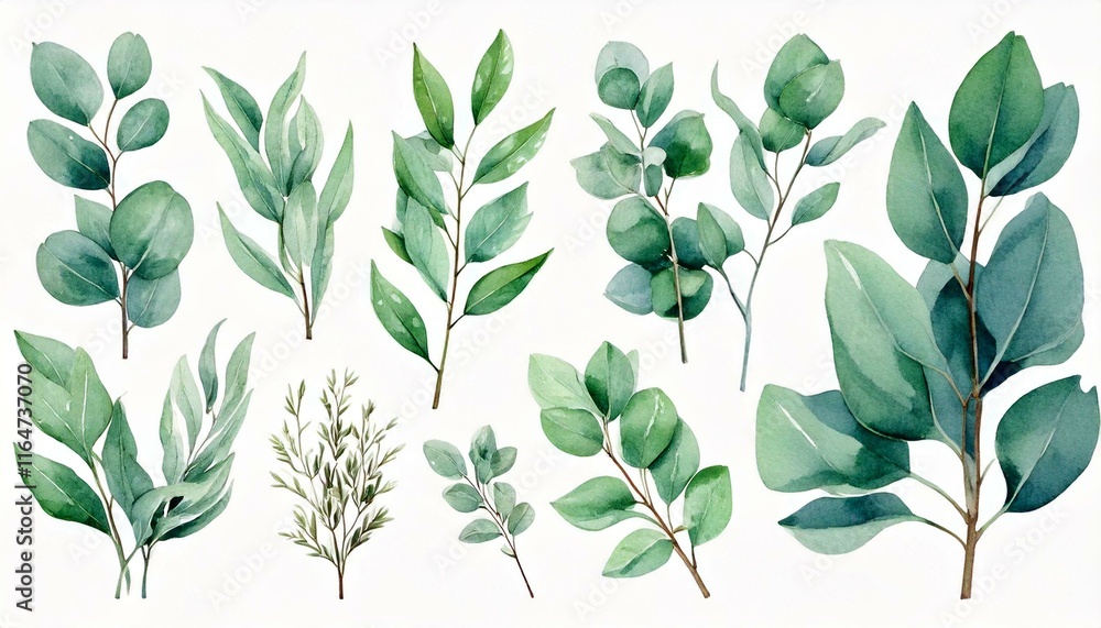 Watercolor floral illustration set - green leaf branches collection ...