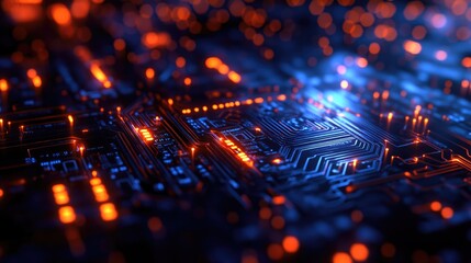 Wall Mural - A close-up view of a circuit board illuminated with glowing lights, showcasing technology.