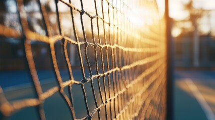 Close-up of a net at sunset, golden hour light.